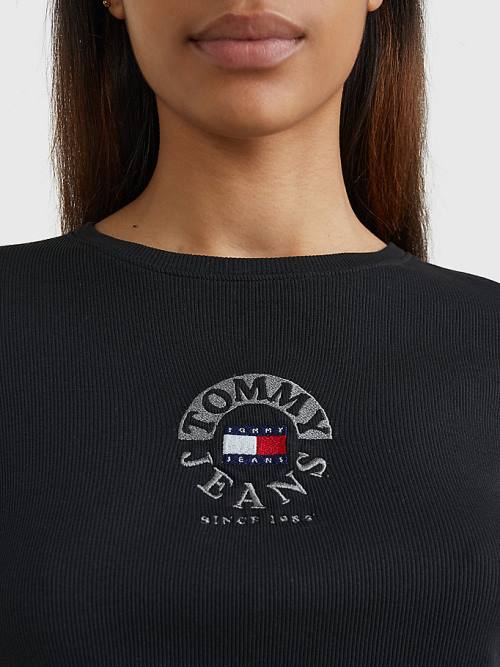 Tommy Hilfiger Cropped Logo Embroidery Long Sleeve T-shirts Dames Zwart | TH675DKU