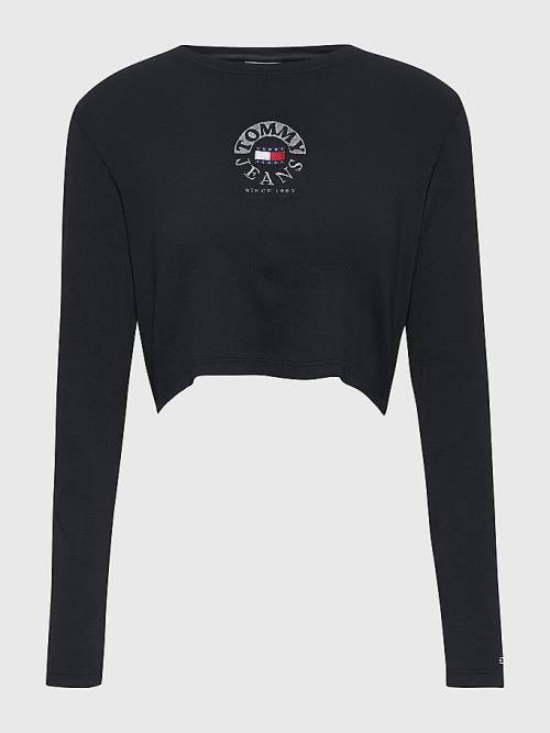 Tommy Hilfiger Cropped Logo Embroidery Long Sleeve T-shirts Dames Zwart | TH675DKU