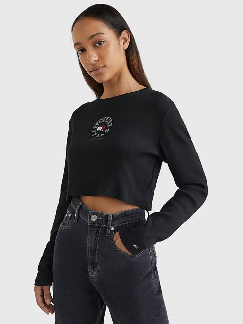 Tommy Hilfiger Cropped Logo Embroidery Long Sleeve T-shirts Dames Zwart | TH675DKU