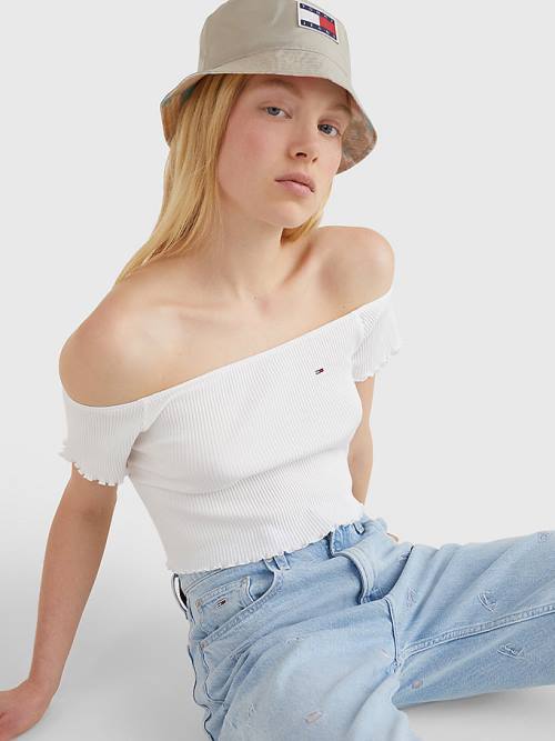 Tommy Hilfiger Cropped Off-The-Shoulder T-shirts Dames Wit | TH512ODS