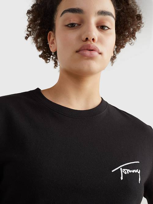 Tommy Hilfiger Cropped Signature Logo T-shirts Dames Zwart | TH638GZS