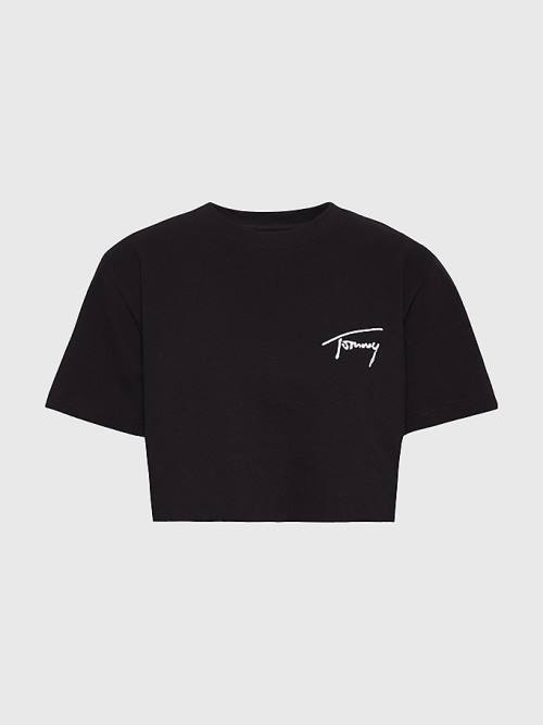 Tommy Hilfiger Cropped Signature Logo T-shirts Dames Zwart | TH638GZS