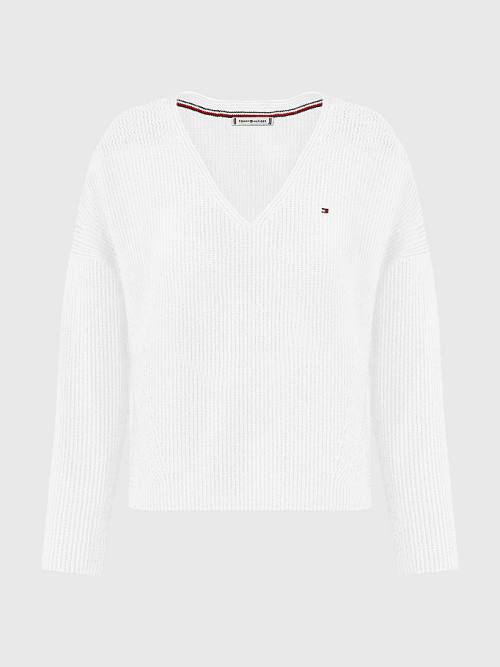 Tommy Hilfiger Curve Contrast Knit Relaxed Fit V-Neck Jumper Truien Dames Wit | TH240IET