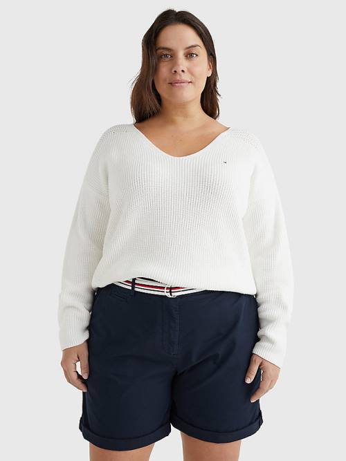 Tommy Hilfiger Curve Contrast Knit Relaxed Fit V-Neck Jumper Truien Dames Wit | TH240IET