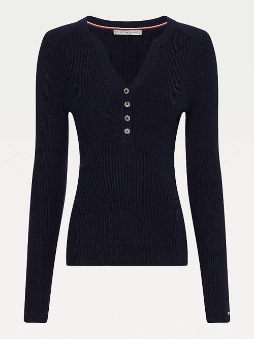 Tommy Hilfiger Curve Henley Ribbed Wool Blend Jumper Truien Dames Blauw | TH615MSB