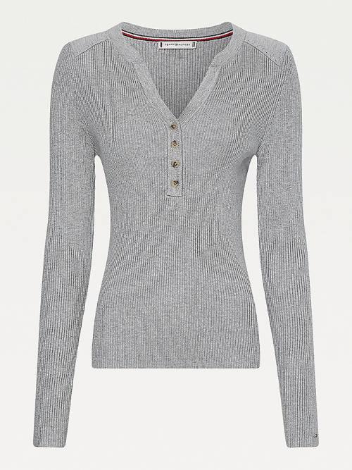 Tommy Hilfiger Curve Henley Ribbed Wool Blend Jumper Truien Dames Grijs | TH963UMT