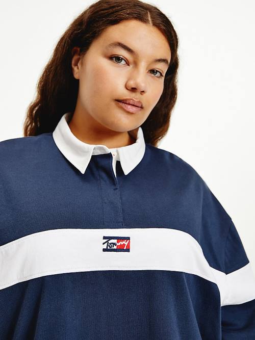 Tommy Hilfiger Curve Long Sleeve Stripe Rugby Shirt Poloshirt Dames Blauw | TH293UYC