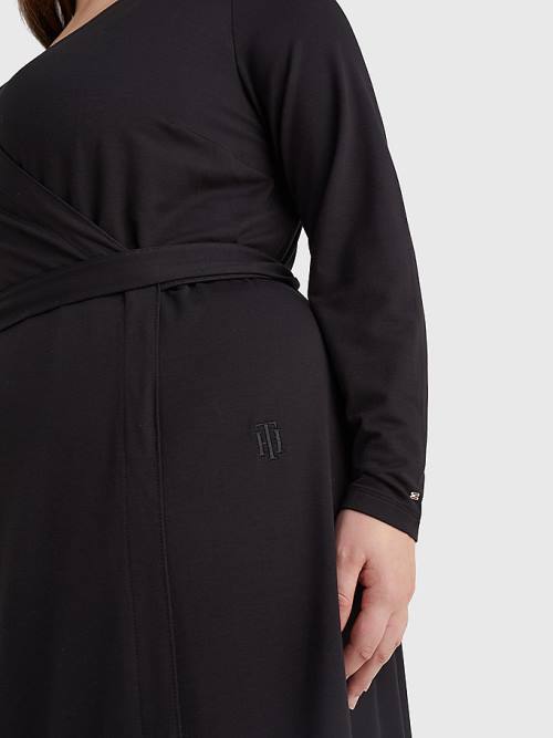 Tommy Hilfiger Curve Long Sleeve V-Neck Midi Wrap Jurken Dames Zwart | TH915KBH