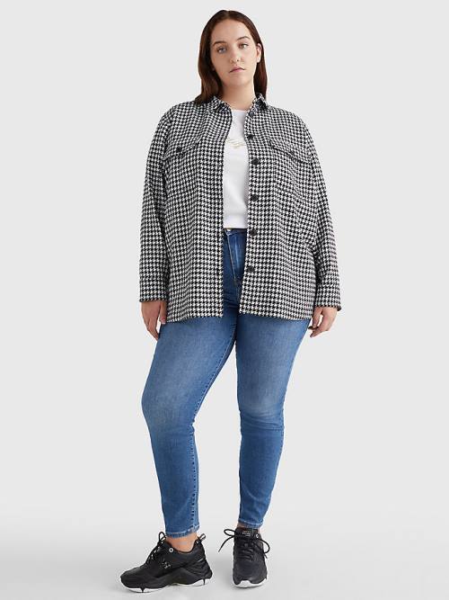 Tommy Hilfiger Curve Recycled Wool Flannel Houndstooth Shacket Jassen Dames Blauw | TH687QAW