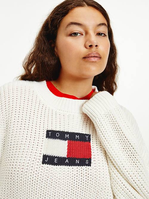 Tommy Hilfiger Curve Tommy Flag Badge Chunky Knit Jumper Truien Dames Wit | TH738TKQ