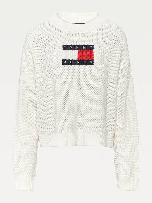 Tommy Hilfiger Curve Tommy Flag Badge Chunky Knit Jumper Truien Dames Wit | TH738TKQ