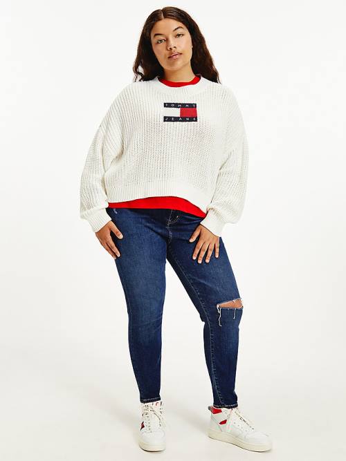 Tommy Hilfiger Curve Tommy Flag Badge Chunky Knit Jumper Truien Dames Wit | TH738TKQ