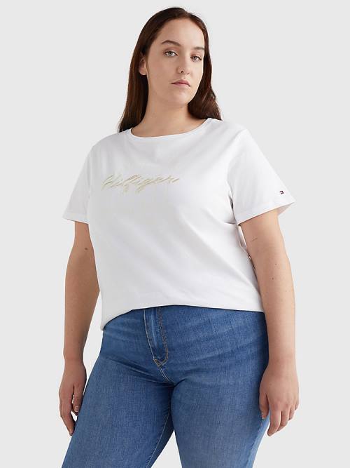 Tommy Hilfiger Curve Tonal Script Logo Organic Katoenen T-shirts Dames Wit | TH768UKN