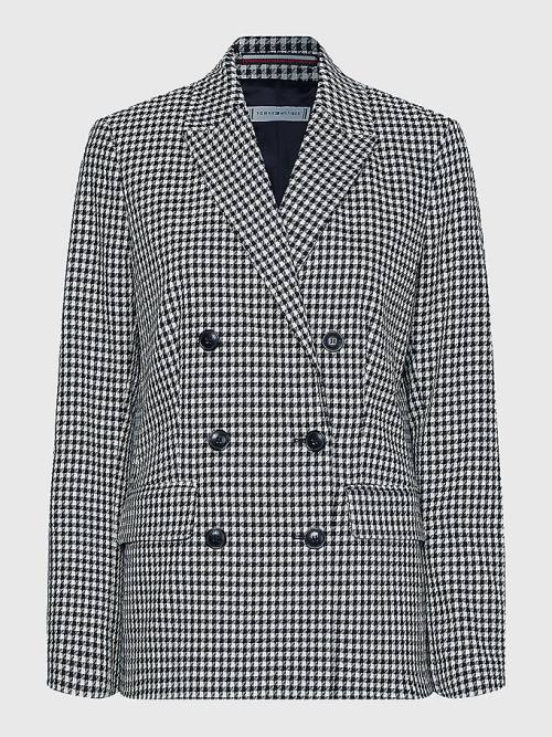 Tommy Hilfiger Double Breasted Houndstooth Virgin Wool Blazer Dames Blauw | TH419SEM