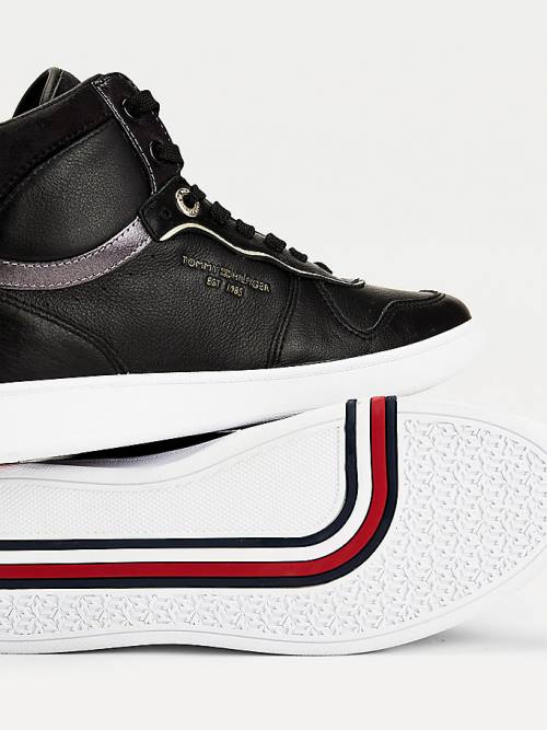 Tommy Hilfiger Elevated Leren Metallic Court Sneakers Dames Zwart | TH628ZBS