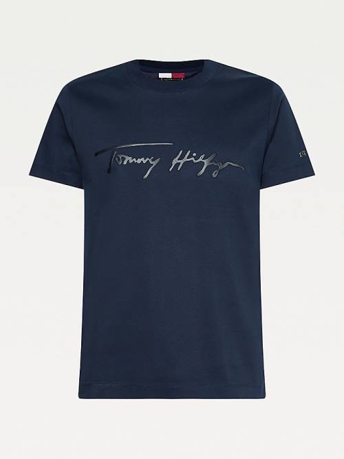 Tommy Hilfiger Elevated Signature Organic Katoenen T-shirts Heren Blauw | TH079VIC