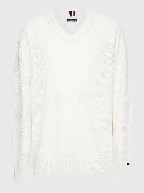 Tommy Hilfiger Elevated Textured V-Neck Jumper Truien Heren Wit | TH104QSJ