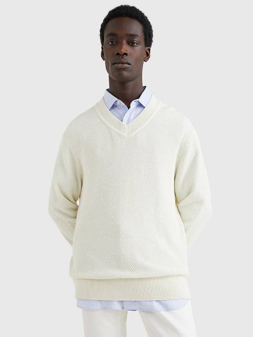 Tommy Hilfiger Elevated Textured V-Neck Jumper Truien Heren Wit | TH104QSJ