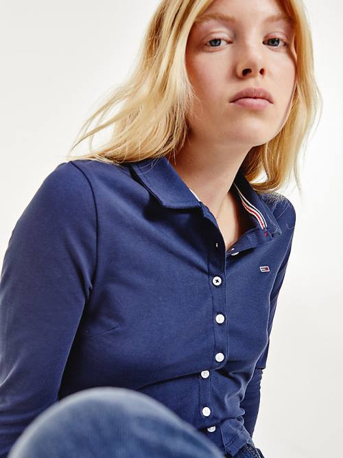 Tommy Hilfiger Essential Button-Through Long Sleeve Poloshirt Dames Blauw | TH489SBH