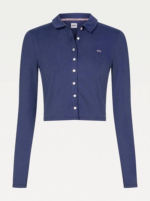 Tommy Hilfiger Essential Button-Through Long Sleeve Poloshirt Dames Blauw | TH489SBH