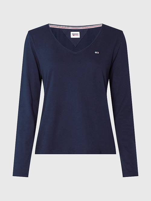 Tommy Hilfiger Essential V-Neck Long Sleeve T-shirts Dames Blauw | TH361YIW