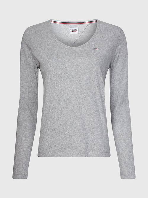 Tommy Hilfiger Essential V-Neck Long Sleeve T-shirts Dames Grijs | TH627JFZ