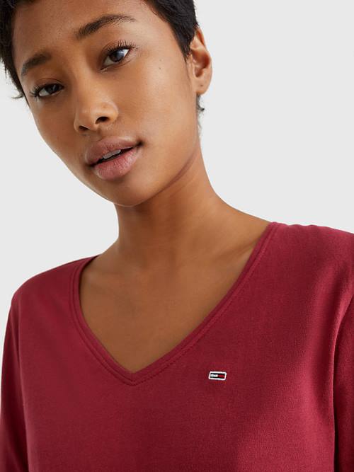 Tommy Hilfiger Essential V-Neck Long Sleeve T-shirts Dames Rood | TH718YRM