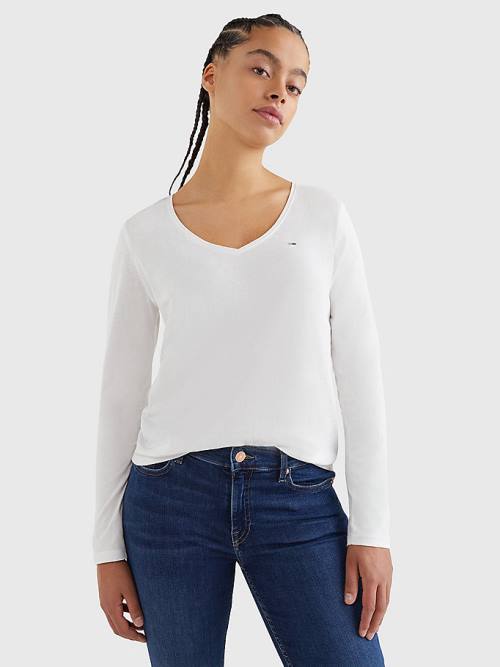 Tommy Hilfiger Essential V-Neck Long Sleeve T-shirts Dames Wit | TH721VUO