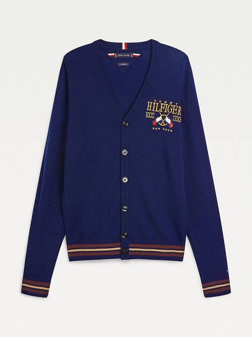 Tommy Hilfiger Exclusive Flag Logo Merino Wool Cardigan Truien Heren Blauw | TH936FVS