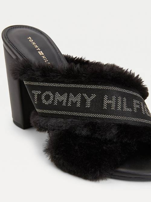 Tommy Hilfiger Faux Fur Logo Tape Sandalen Dames Zwart | TH325BGH