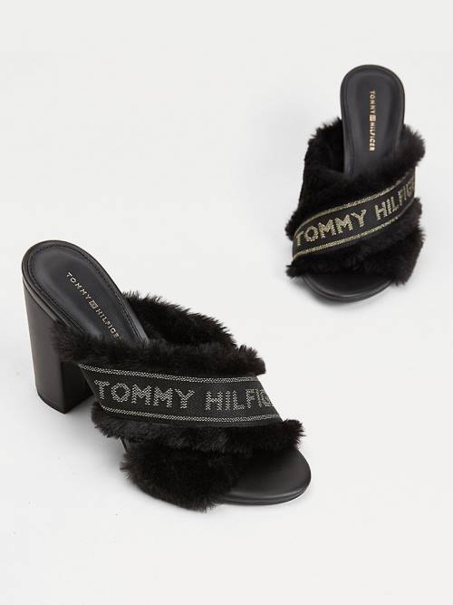 Tommy Hilfiger Faux Fur Logo Tape Sandalen Dames Zwart | TH325BGH