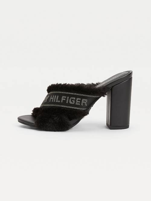 Tommy Hilfiger Faux Fur Logo Tape Sandalen Dames Zwart | TH325BGH