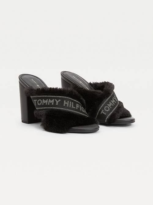 Tommy Hilfiger Faux Fur Logo Tape Sandalen Dames Zwart | TH325BGH