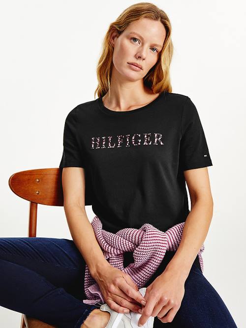 Tommy Hilfiger Feather Print Logo T-shirts Dames Zwart | TH498AMH