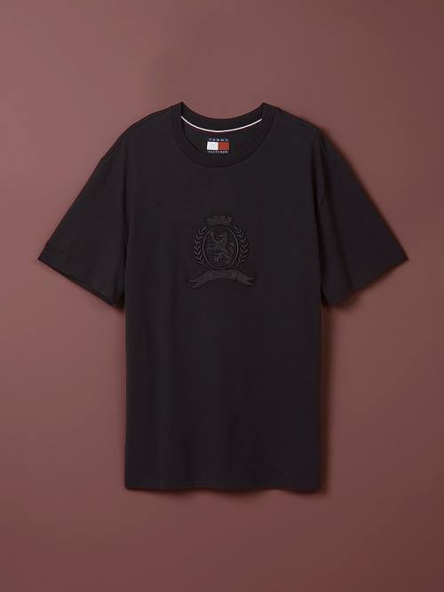 Tommy Hilfiger Festive Tonal Crest T-shirts Heren Zwart | TH178BNR