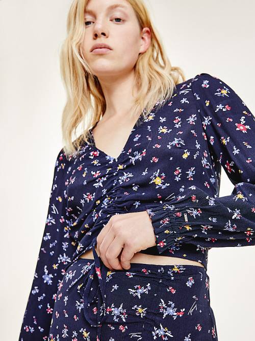 Tommy Hilfiger Floral Print Ruched Viscose Blouse Dames Zwart | TH326JTC