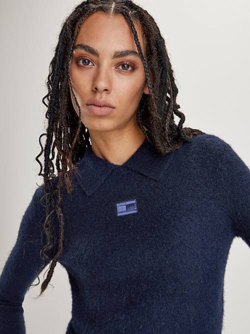 Tommy Hilfiger Fluffy Alpaca Wool Collared Jumper Poloshirt Dames Blauw | TH149OWP