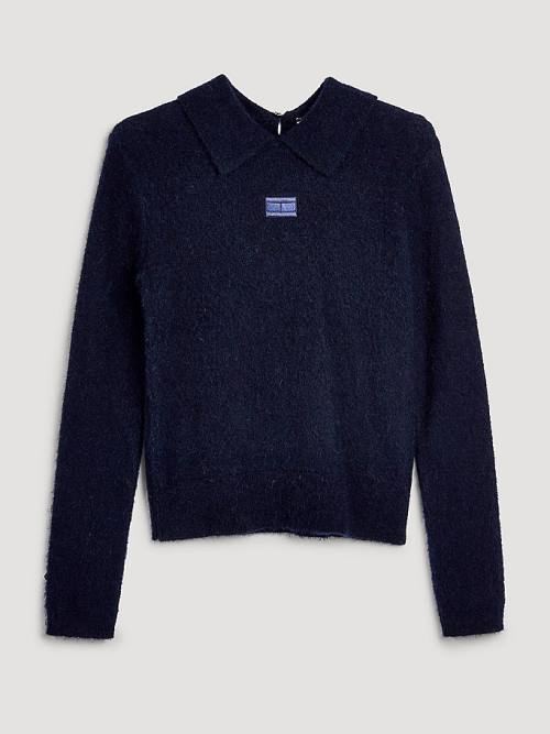 Tommy Hilfiger Fluffy Alpaca Wool Collared Jumper Poloshirt Dames Blauw | TH149OWP