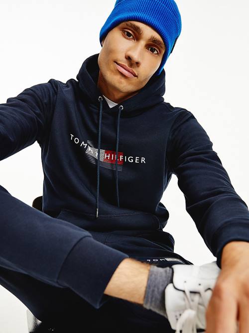 Tommy Hilfiger Front Logo Organic Katoenen Fleece Hoodie Heren Blauw | TH128XWH