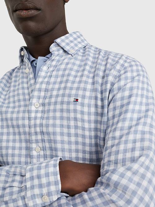 Tommy Hilfiger Gingham Regular Fit Linen Overhemd Heren Blauw | TH642BQM