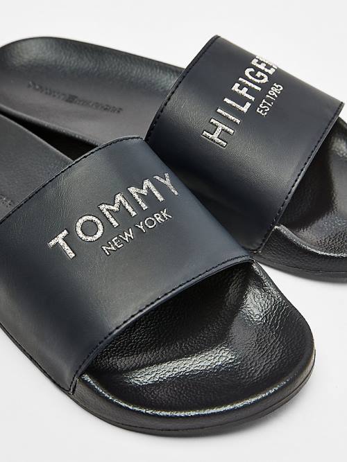 Tommy Hilfiger Glitter Logo Pool Slides Sandalen Dames Blauw | TH836HXI