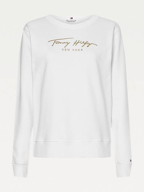 Tommy Hilfiger Gold Signature Embroidery Crew Neck Sweatshirts Dames Wit | TH068WZR