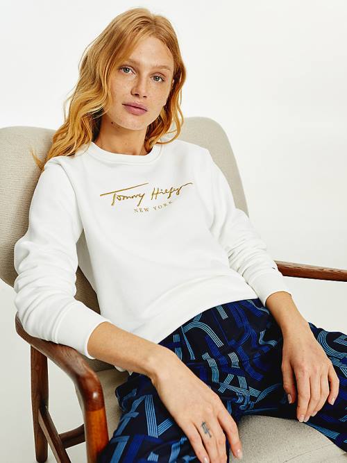 Tommy Hilfiger Gold Signature Embroidery Crew Neck Sweatshirts Dames Wit | TH068WZR