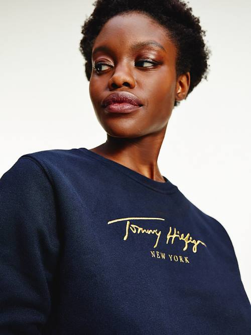 Tommy Hilfiger Gold Signature Embroidery Crew Neck Sweatshirts Dames Blauw | TH251CWT