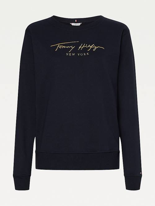 Tommy Hilfiger Gold Signature Embroidery Crew Neck Sweatshirts Dames Blauw | TH251CWT