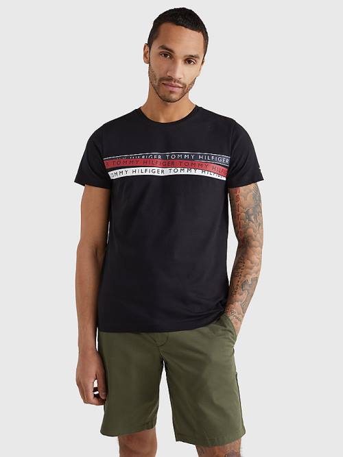 Tommy Hilfiger Graphic Tape Logo T-shirts Heren Zwart | TH734NPS