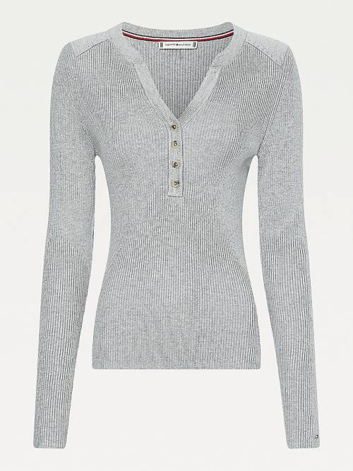 Tommy Hilfiger Henley Ribbed Wool Blend Jumper Truien Dames Grijs | TH257SHG