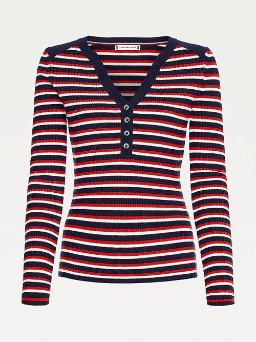 Tommy Hilfiger Henley Ribbed Wool Blend Jumper Truien Dames Rood | TH259FDU