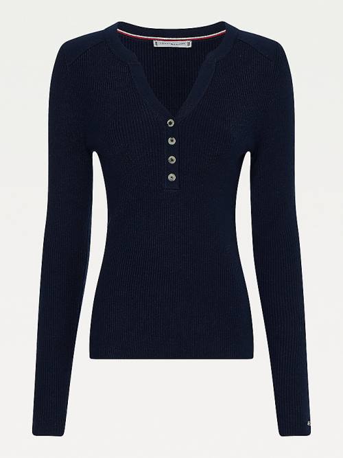 Tommy Hilfiger Henley Ribbed Wool Blend Jumper Truien Dames Blauw | TH574RCG