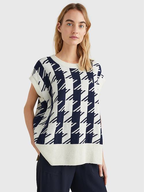 Tommy Hilfiger Houndstooth Relaxed Crew Neck Vest Truien Dames Blauw | TH501SFG